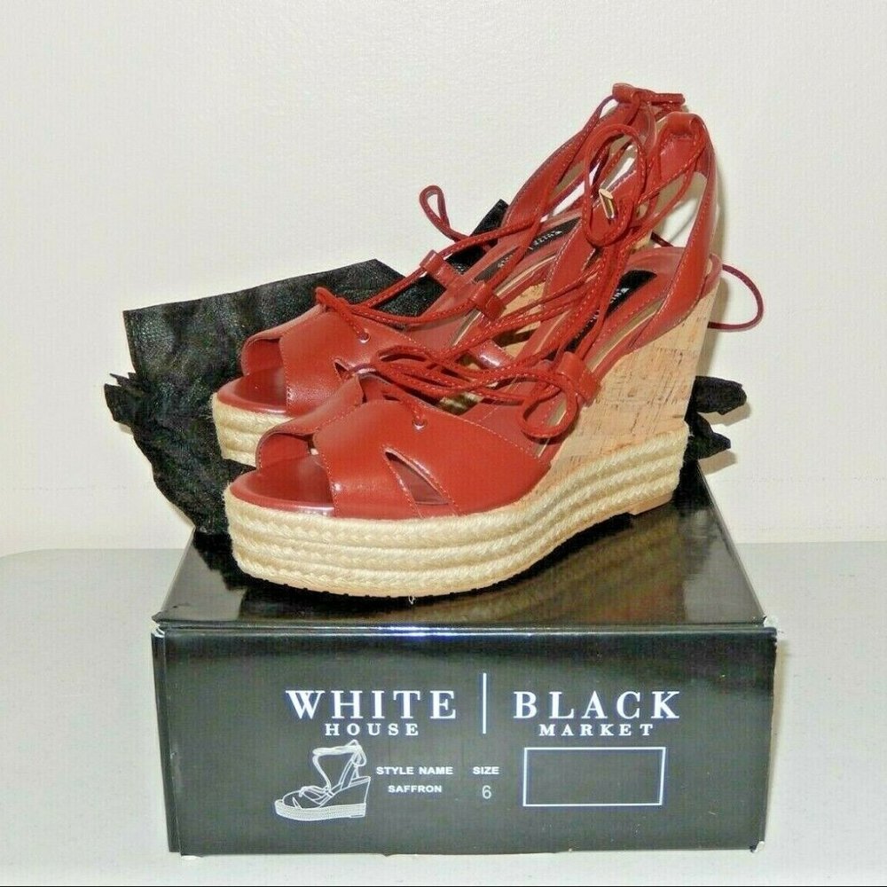 New White House Black Market Sandals Espadrille Lace Up Wedge Shoes Saffron 6